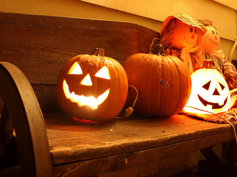 citrouilles d'halloween sur un banc en bois