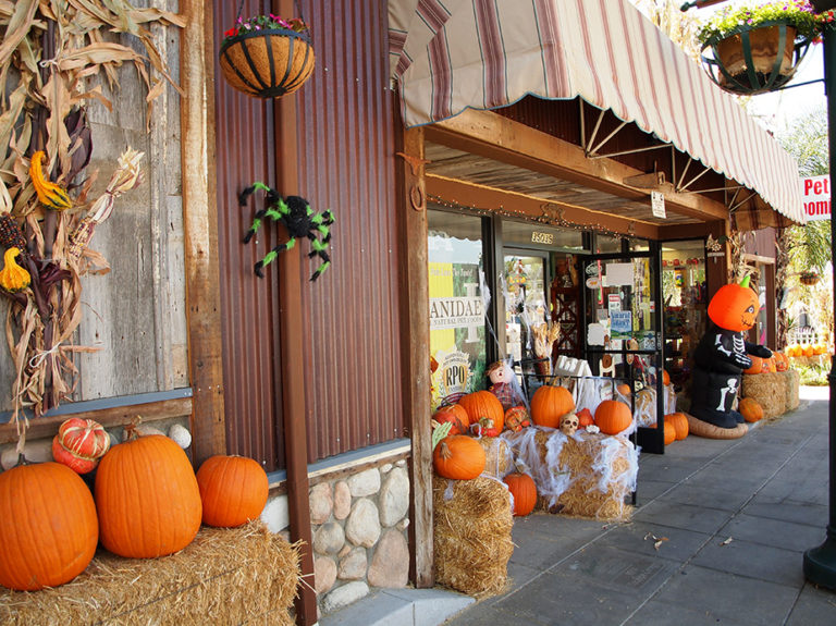 devanture de magasin décoré pour halloween dans la banlieue de Los Angeles